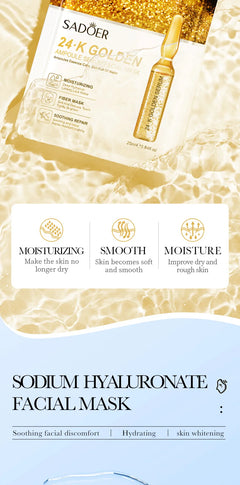 30pcs SADOER 24K Gold Vitamin C Hyaluronic Acid Face Mask Facial Moisturizing Anti Wrinkle Hydrating Facial Masks Skin Care