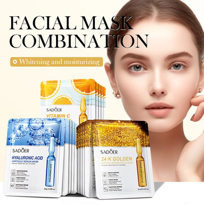 30pcs SADOER 24K Gold Vitamin C Hyaluronic Acid Face Mask Facial Moisturizing Anti Wrinkle Hydrating Facial Masks Skin Care