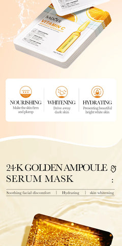 30pcs SADOER 24K Gold Vitamin C Hyaluronic Acid Face Mask Facial Moisturizing Anti Wrinkle Hydrating Facial Masks Skin Care