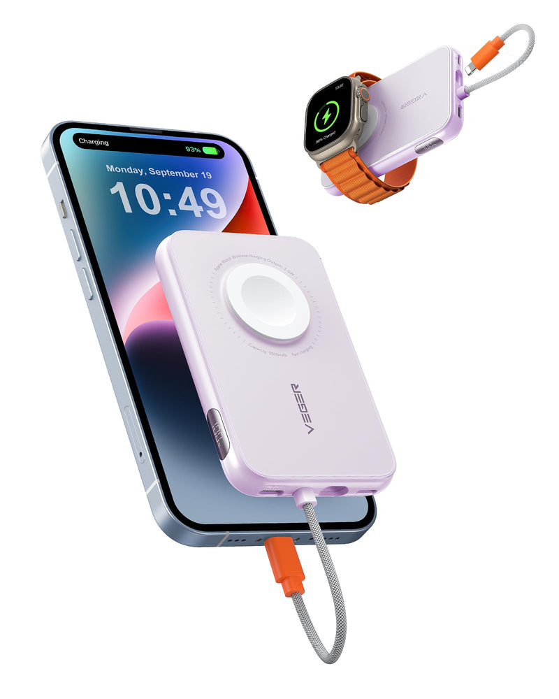 VEGER Portable Charger for iPhone with Built in Cable 5000mAh Mini Power Bank Battery Pack PD 20W Fast Charger Travel Accessory Compatible with iPhone 15/14/13/12/Pro Max Apple Watch Series-Purple